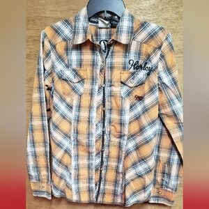 Harley Davidson Ladies Orange Plaid Logo Embroidered Button Up MED